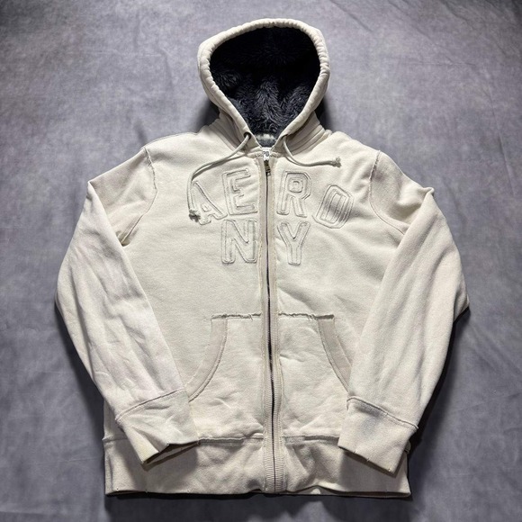Aeropostale Other - Aeropostale Mens Full Zip Hoodie Cream Sherpa Lined Hood AERO NY Graphic Small